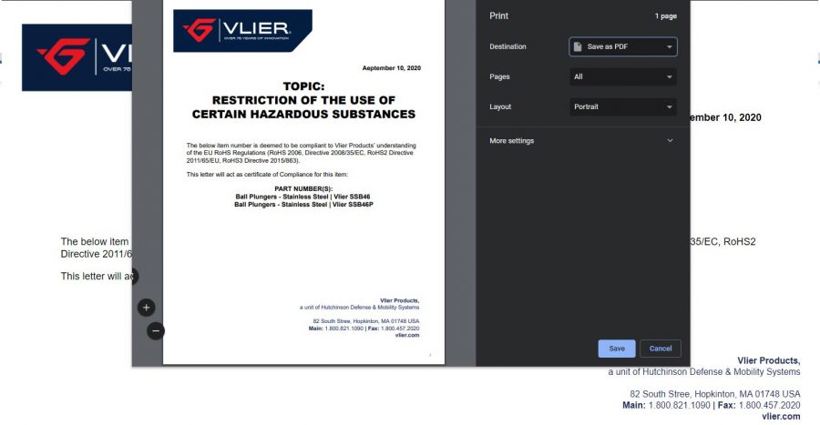 Step 2: Click on the Check Box for the product number you would like the ROHS Certificate for. A print page option will automatically populate for you. You can then print, or save as PDF.